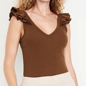 NWT - Old Navy Ruffle Trim Mixed Material Brown Cotton Stretch Top - Size L Tall